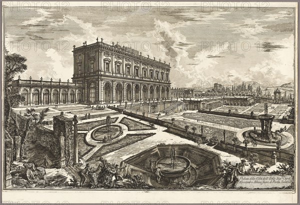 View of the Villa of His Eminence Cardinal Alessandro Albani, outside Porta Salaria, from Views of Rome, 1769, published 1800–07, Giovanni Battista Piranesi (Italian, 1720-1778), published by Francesco (Italian, 1758-1810) and Pietro Piranesi (Italian, born 1758/9), Italy, Etching on ivory laid paper, 482 x 705 mm