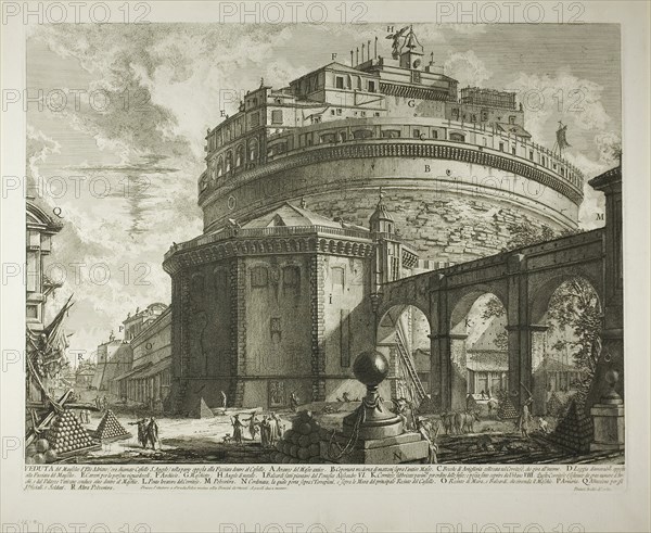 View of the Mausoleum of the Emperor Hadrian (now called Castel Sant’Angelo) from the Rear, from Vedute di Roma (Views of Rome), 1750/59, Giovanni Battista Piranesi, Italian, 1720-1778, Italy, Etching in black on ivory laid paper, 412 x 557 mm (image), 440 x 561 mm (plate), 497 x 602 mm (sheet)