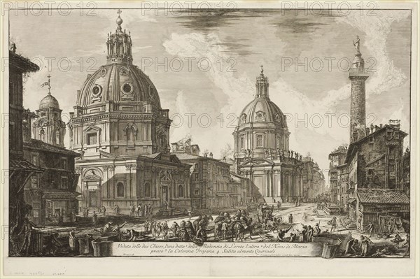 View of Two Churches, One Called 1. S. Maria di Loreto, the other 2. The Name of Mary, near 3. Trajan’s Column. 4. The ascent to the Quirinal, from Views of Rome, 1762, Giovanni Battista Piranesi, Italian, 1720-1778, Italy, Etching on heavy ivory laid paper, 424 x 684 mm (image), 430 x 688 mm (plate), 465 x 702 mm (sheet)