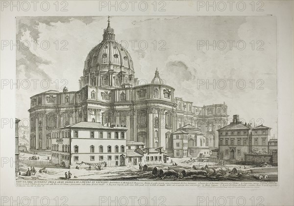 View of the exterior of St. Peter’s Basilica in the Vatican, from Views of Rome, 1750/59, Giovanni Battista Piranesi, Italian, 1720-1778, Italy, Etching on heavy ivory laid paper, 384 x 605 mm (image), 403 x 610 mm (plate), 480 x 680 mm (sheet)