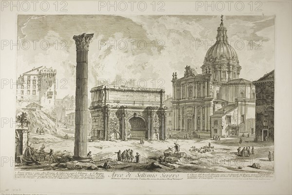 Arch of Septimius Severus through which passed the ancient Sacred Way, bringing victors to the Capitol, from Views of Rome, 1750/59, Giovanni Battista Piranesi, Italian, 1720-1778, Italy, Etching on heavy ivory laid paper, 356 x 585 mm (image), 379 x 590 mm (plate), 439 x 653 mm (sheet)