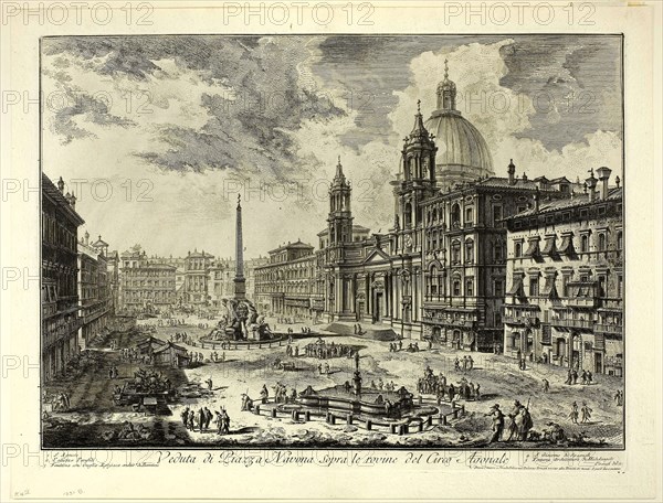 View of Piazza Navona above the ruins of the Circus of Domitian, from Views of Rome, 1750/59, Giovanni Battista Piranesi, Italian, 1720-1778, Italy, Etching on heavy ivory laid paper, 388 x 544 mm (image), 410 x 550 mm (plate), 458 x 597 mm (sheet)