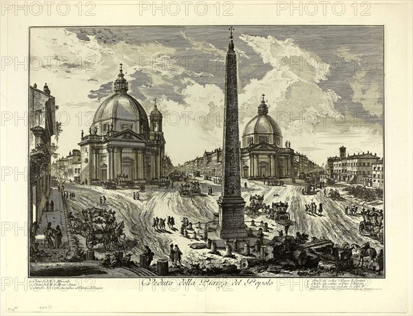 View of the Piazza del Popolo, from Views of Rome, 1750/59, Giovanni Battista Piranesi, Italian, 1720-1778, Italy, Etching on heavy ivory laid paper, 383 x 540 mm (image), 405 x 545 mm (plate), 469 x 605 mm (sheet)