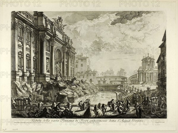 View of the large Trevi Fountain formerly called the Acqua Vergine, from Views of Rome, 1750/59, Giovanni Battista Piranesi, Italian, 1720-1778, Italy, Etching on heavy ivory laid paper, 381 x 549 mm (image), 401 x 550 mm (plate), 457 x 613 mm (sheet)