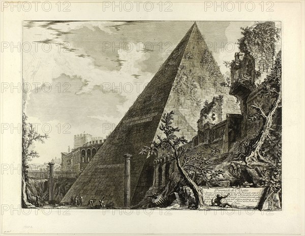 The Pyramid of Gaius Cestius, from Views of Rome, 1750/59, published 1800–07, Giovanni Battista Piranesi (Italian, 1720-1778), published by Francesco (Italian, 1758-1810) and Pietro Piranesi (Italian, born 1758/59), Italy, Etching on heavy ivory laid paper, 387 x 531 mm (image), 392 x 536 mm (plate), 475 x 609 mm (sheet)