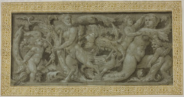 Frieze with Satyr, Nymph, and Putti, 1503/39, Circle of Giovanni Antonio de’Sacchis, called Il Pordenone, Italian, c. 1483-1539, Italy, Brush and brown ink and brown wash, heightened with lead white (partially oxidized), on blue laid paper pieced in center, edge mounted to cream laid paper with ornamental border in brush and gold paint, 124 x 267 mm (max.)