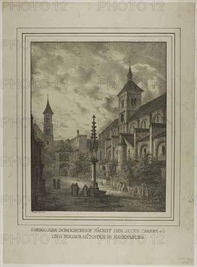 Former Cathedral Churchyard near the Old Rectory and Minster in Regensberg, 1818, Domenico Quaglio II, German, 1787-1837, Germany, Lithograph with tone plate, on paper, 410 x 325 mm (image), 633 x 460 mm (sheet)