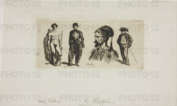 Sheet of Skteches, 1829, Denis Auguste Marie Raffet, French, 1804-1860, France, Etching on cream chine, laid down on ivory wove paper, 55 × 130 mm (image, including stray marks), 65 × 137 mm (plate), 61 × 135 mm (primary support), 133 × 221 mm (secondary support)