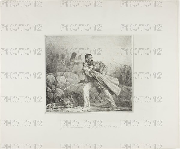 I Will Save Him or Perish, 1825, Denis Auguste Marie Raffet, French, 1804-1860, France, Lithograph in black on off-white wove paper laid down on off-white wove paper, 175 × 196 mm (image, with first border), 179 × 202 mm (primary support), 338 × 400 mm (secondary support)