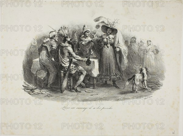 He Behaves for a Savage, 1830, Denis Auguste Marie Raffet (French, 1804-1860), printed by V. Ratier (French, 19th century), France, Lithograph in black on ivory wove paper, 128 × 217 mm (image), 201 × 268 mm (sheet)