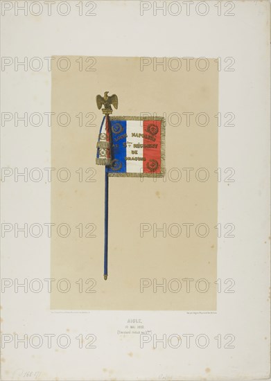 Standard: Louis Napoleon to the 5th Dragoon Regiment, May 10, 1852, Denis Auguste Marie Raffet (French, 1804-1860), printed by Auguste Bry (French, 19th century), published by Éditeur Ernest Bourdin (French, active 19th century), France, Color lithograph in fawn, red, blue, gold and black from multiple stones on ivory wove paper, 268 × 177 mm (image), 403 × 287 mm (sheet)