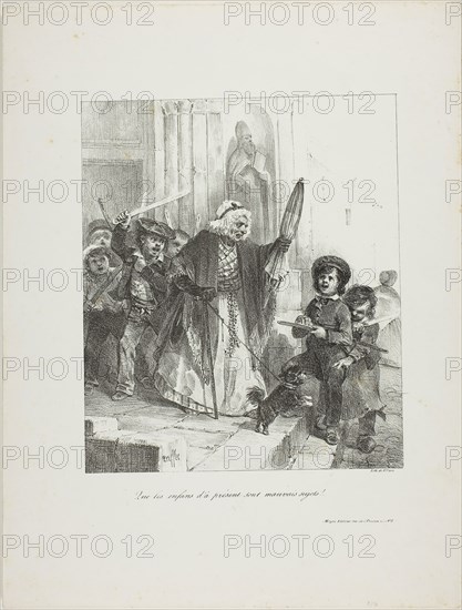 Children these days are a bad lot!, 1827, Denis Auguste Marie Raffet (French, 1804-1860), printed by François le Villain (French, active 19th century), published by Éditeur Moyon (French, active 19th century), France, Lithograph in black on ivory wove paper, 223 × 190 mm (image), 360 × 276 mm (sheet)
