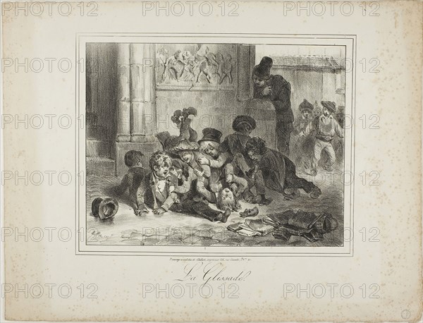 The Slide, 1827–28, Denis Auguste Marie Raffet (French, 1804-1860), marketed by Chez M. Chabert (French, 19th century), France, Lithograph in black on ivory wove paper, 173 × 221 mm (image), 273 × 359 mm (sheet)