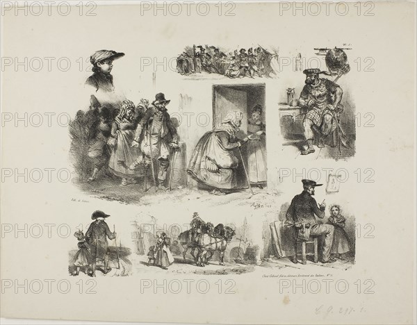 Sheet of Sketches, 1828, Denis Auguste Marie Raffet (French, 1804-1860), published by Chez Gihaut Frères (French, 19th century), printed by François le Villain (French, active 19th century), France, Lithograph in black on ivory wove paper, 247 × 200 mm (image, including all images), 277 × 356 mm (sheet)