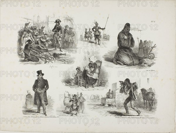 Sheet of Sketches, 1828, Denis Auguste Marie Raffet (French, 1804-1860), printed by François le Villain (French, active 19th century), published by Chez Gihaut Frères (French, 19th century), published by Thomas McLean (English, active c.1790-1860), France, Lithograph in black on ivory wove paper, 215 × 279 mm (image), 272 × 361 mm (sheet)