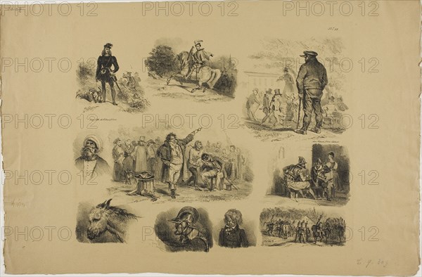 Sheet of Sketches, 1829, Denis Auguste Marie Raffet (French, 1804-1860), published by Chez Gihaut Frères (French, 19th century), France, Lithograph in black on tan wove paper, 230 × 299 mm (image), 295 × 451 mm (sheet)