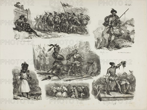 Sheet of Sketches, 1829, Denis Auguste Marie Raffet (French, 1804-1860), printed by Chez Gihaut Frères (French, 19th century), France, Lithograph in black on ivory wove paper, 241 × 297 mm (image), 263 × 349 mm (sheet)