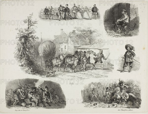 Sheet of Sketches, 1829, Denis Auguste Marie Raffet (French, 1804-1860), published by Chez Gihaut Frères (French, 19th century), France, Lithograph in black on ivory wove paper, 234 × 296 mm (image), 247 × 320 mm (sheet)