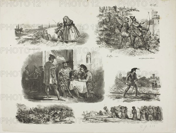 Sheet of Sketches, 1829, Denis Auguste Marie Raffet (French, 1804-1860), printed by Chez Gihaut Frères (French, 19th century), France, Lithograph in black on ivory wove paper, 241 × 298 mm (image), 268 × 351 mm (sheet)