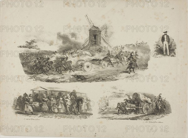 Sheet of Sketches, 1829, Denis Auguste Marie Raffet (French, 1804-1860), published by Chez Gihaut Frères (French, 19th century), France, Lithograph in black on ivory wove paper, 195 × 301 mm (image), 253 × 342 mm (sheet)