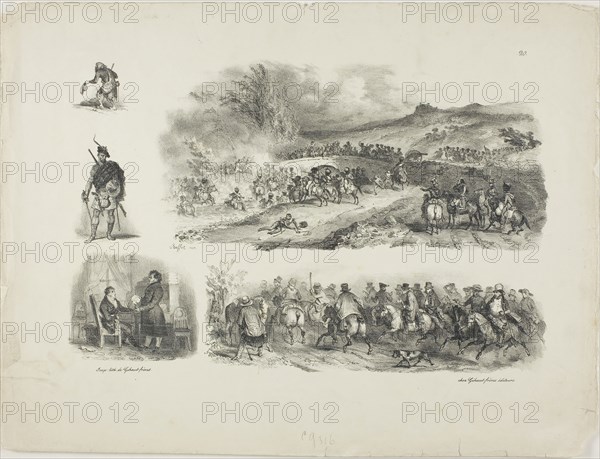 Sheet of Sketches, 1829, Denis Auguste Marie Raffet (French, 1804-1860), published by Chez Gihaut Frères (French, 19th century), France, Lithograph in black on ivory wove paper, 193 × 295 mm (image), 277 × 369 mm (sheet)