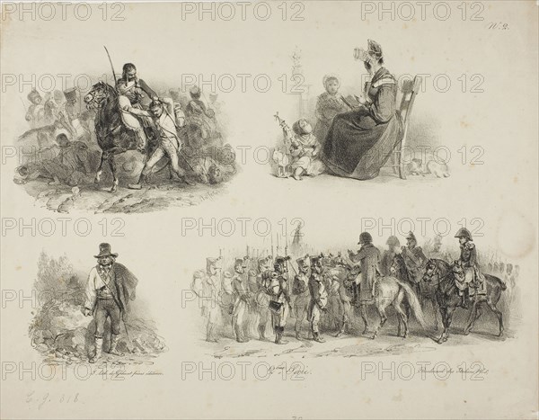 Sheet of Sketches, 1829–30, Denis Auguste Marie Raffet (French, 1804-1860), printed by Chez Gihaut Frères (French, 19th century), France, Lithograph in black on ivory wove paper, 212 × 331 mm (image), 257 × 358 mm (sheet)