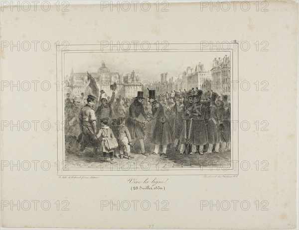 Long Life to the Troops!, July 28, 1830, Denis Auguste Marie Raffet (French, 1804-1860), printed by Chez Gihaut Frères (French, 19th century), France, Lithograph in black on ivory wove paper, 142 × 204 mm (image), 280 × 365 mm (sheet)
