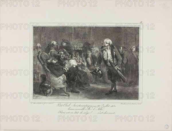 Little Aristocratic Club, July 28, 1830, 1831, Denis Auguste Marie Raffet (French, 1804-1860), printed by Chez Gihaut Frères (French, 19th century), France, Lithograph in black on ivory wove paper, 152 × 221 mm (image), 272 × 358 mm (sheet)