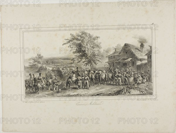Military Convoy, 1831, Denis Auguste Marie Raffet (French, 1804-1860), published by Chez Gihaut Frères (French, 19th century), France, Lithograph in black on ivory wove paper, 140 × 269 mm (image, with first border), 279 × 368 mm (sheet)