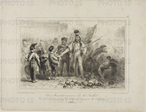 The Munitioners of July 28, 1831, Denis Auguste Marie Raffet (French, 1804-1860), printed by Chez Gihaut Frères (French, 19th century), France, Lithograph in black on ivory wove paper, 167 × 260 mm (image), 276 × 360 mm (sheet)