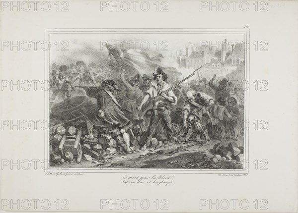 To Death for Liberty!, 1831, Denis Auguste Marie Raffet (French, 1804-1860), published by Chez Gihaut Frères (French, 19th century), France, Lithograph in black on ivory wove paper, 181 × 260 mm (image), 284 × 398 mm (sheet)