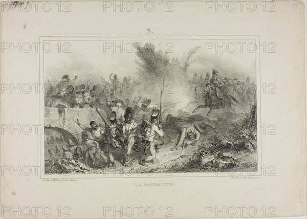 The Pursuit, 1832, Denis Auguste Marie Raffet (French, 1804-1860), printed by Chez Gihaut Frères (French, 19th century), France, Lithograph in black on ivory wove paper, 174 × 278 mm (image, to first border), 283 × 400 mm (sheet)