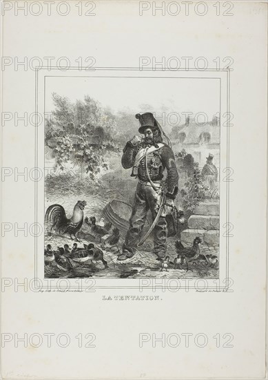 Temptation, 1833, Denis Auguste Marie Raffet (French, 1804-1860), printed by Chez Gihaut Frères (French, 19th century), France, Lithograph in black on ivory wove paper, 197 × 187 mm (image), 401 × 282 mm (sheet)