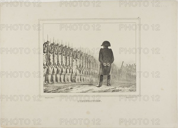 The Inspection, 1833, Denis Auguste Marie Raffet (French, 1804-1860), printed by Chez Gihaut Frères (French, 19th century), France, Lithograph in black on ivory wove paper, 132 × 208 mm (image), 286 × 397 mm (sheet)