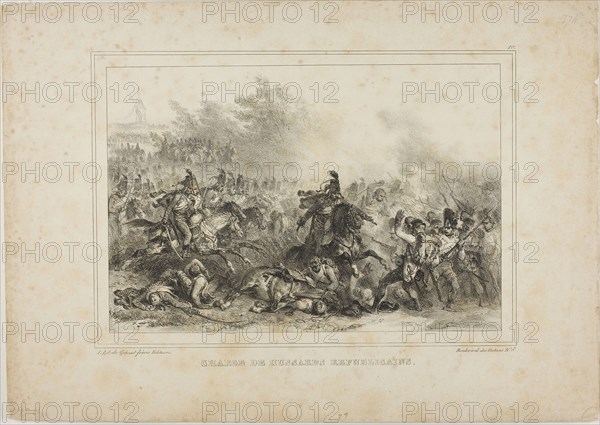 Charge of the Republican Hussards, 1832–33, Denis Auguste Marie Raffet (French, 1804-1860), printed by Chez Gihaut Frères (French, 19th century), France, Lithograph in black on buff wove paper, 174 × 263 mm (image), 282 × 399 mm (sheet)