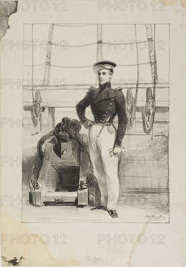 Royal Navy, Line Crew, Ship’s Ensign, 1830–33, Denis Auguste Marie Raffet, French, 1804-1860, France, Lithograph in black on ivory wove paper, 191 × 142 mm (image, e×cluding stray marks), 255 × 179 mm (sheet)