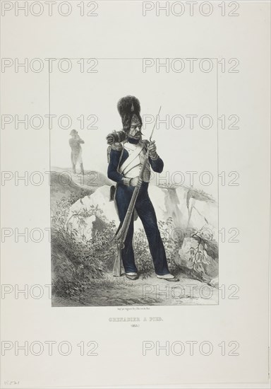 Grenadier on Foot, Elba, 1846, Théodore Valerio (French, 1819-1879), stone finished by Denis Auguste Marie Raffet (French, 1804-1860), after Nicolas Toussaint Charlet (French, 1792-1845), printed by Auguste Bry (French, 19th century), France, Lithograph in black, hand-colored in blue, on ivory wove paper, 235 × 187 mm (image), 427 × 301 mm (sheet)