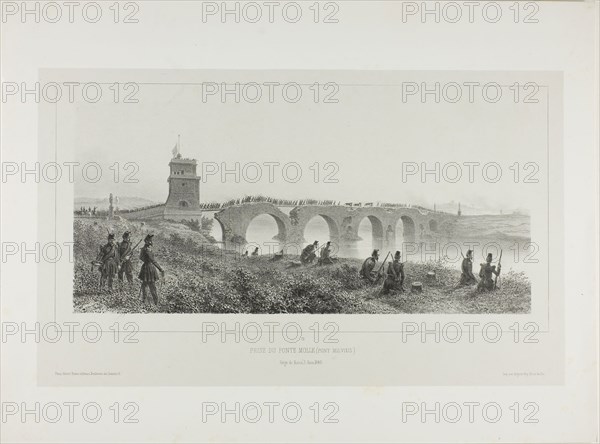 Capture of the Molle Bridge, 1854, Denis Auguste Marie Raffet (French, 1804-1860), printed by Auguste Bry (French, 19th century), published by Chez Gihaut Frères (French, 19th century), France, Lithograph in black on gray chine laid down on ivory wove paper, 162 × 353 mm (image), 244 × 406 mm (primary support), 343 × 458 mm (secondary support)