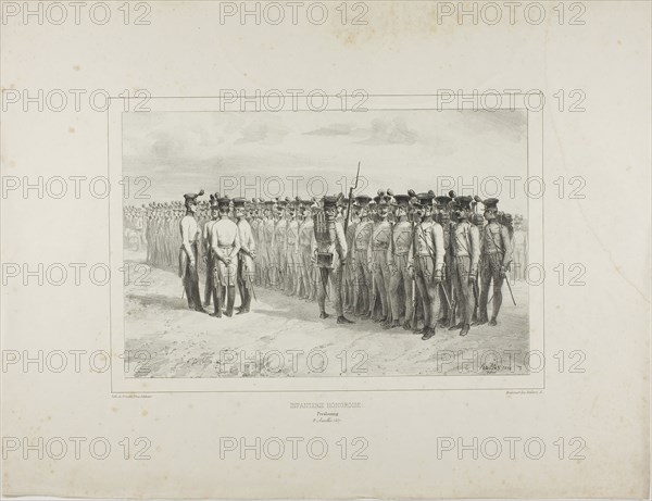 Hungarian Infantry, Presbourg, July 2, 1837, 1837, Denis Auguste Marie Raffet, French, 1804-1860, France, Lithograph in black on gray chine laid down on ivory wove paper, 187 × 285 mm (image), 187 × 284 mm (primary support), 352 × 459 mm (secondary support)