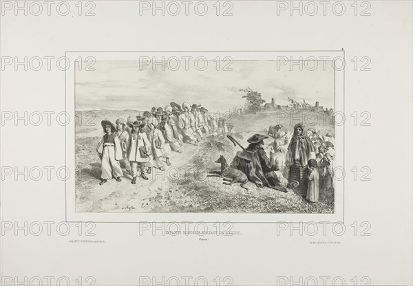 Hungarian Children Going to School, 1838, Denis Auguste Marie Raffet (French, 1804-1860), printed by Auguste Bry (French, 19th century), published by Éditeur Ernest Bourdin (French, active 19th century), France, Lithograph in black on gray chine laid down on ivory wove paper, 160 × 272 mm (image), 161 × 276 mm (primary support), 300 × 431 mm (secondary support)