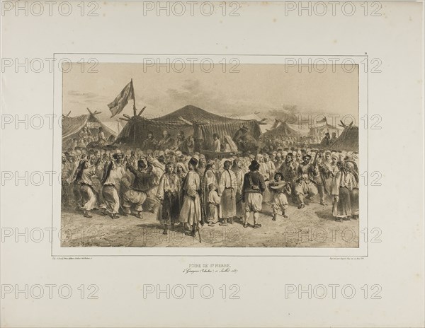 St. Pierre fair, Giourjevo, Wallachia, July 11, 1837, 1839, Denis Auguste Marie Raffet (French, 1804-1860), printed by Auguste Bry (French, 19th century), published by Chez Gihaut Frères (French, 19th century), France, Lithograph in black on tan wove chine laid down on ivory wove paper, 199 × 320 mm (image), 199 × 322 mm (primary support), 355 × 457 mm (secondary support)