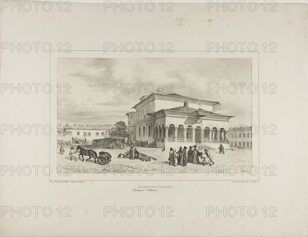 Church of St. George, Bucharest, Wallachia, July 13, 1837, 1839, Denis Auguste Marie Raffet (French, 1804-1860), printed by Auguste Bry (French, 19th century), published by Chez Gihaut Frères (French, 19th century), France, Lithograph in black on ivory chine laid down on ivory wove paper, 171 × 288 mm (image), 170 × 289 mm (primary support), 348 × 457 mm (secondary support)