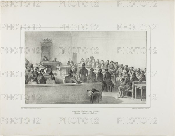 General Assembly of the Boyards, Bucharest, Wallachia, July 15, 1837, 1839, Denis Auguste Marie Raffet (French, 1804-1860), printed by Auguste Bry (French, 19th century), published by Chez Gihaut Frères (French, 19th century), published by Éditeur Ernest Bourdin (French, active 19th century), France, Lithograph in black on ivory chine laid down on ivory wove paper, 191 × 322 mm (image), 192 × 323 mm (primary support), 354 × 458 mm (secondary support)