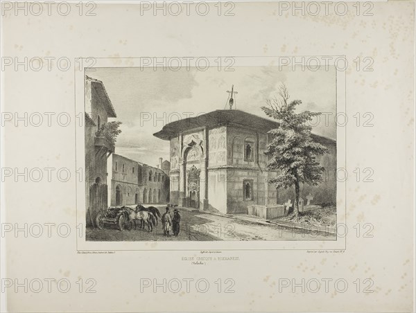 Greek Church, Bucharest, Wallachia, July 15, 1837, 1839, Denis Auguste Marie Raffet (French, 1804-1860), printed by Auguste Bry (French, 19th century), published by Chez Gihaut Frères (French, 19th century), published by Éditeur Ernest Bourdin (French, active 19th century), France, Lithograph in black on ivory chine laid down on buff wove paper, 195 × 281 mm (image), 195 × 281 mm (primary support), 349 × 459 mm (secondary support)