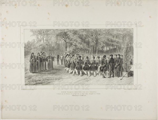 Wallachian Round, Performed by the Tsiganes and Danced by the Second Regiment Musicians at the Home of Prince Ghika, Ghospodar, Wallachia, 1839, Denis Auguste Marie Raffet (French, 1804-1860), printed by Auguste Bry (French, 19th century), published by Chez Gihaut Frères (French, 19th century), France, Lithograph in black on ivory chine laid down on ivory wove paper, 166 × 318 mm (image), 166 × 318 mm (primary support), 357 × 458 mm (secondary support)