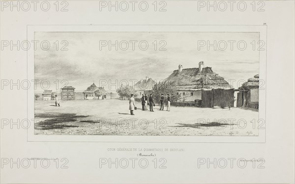 Courtyard of the Quarantine General, Skoulani, Bessarabia, 1839, Denis Auguste Marie Raffet (French, 1804-1860), printed by Auguste Bry (French, 19th century), published by Éditeur Ernest Bourdin (French, active 19th century), France, Lithograph in black on ivory chine laid down on ivory wove paper, 148 × 322 mm (image), 149 × 322 mm (primary support), 263 × 418 mm (secondary support)