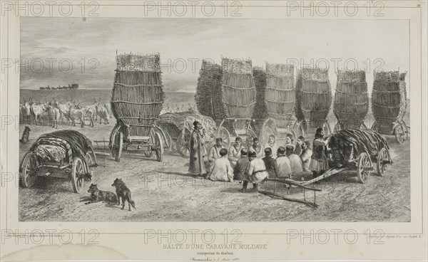 Halting Place of a Moldavian Caravan Transporting Coal, Bessarabia, August 5, 1837, 1840, Denis Auguste Marie Raffet (French, 1804-1860), printed by Auguste Bry (French, 19th century), published by Chez Gihaut Frères (French, 19th century), France, Lithograph in black on ivory chine laid down on buff wove paper, 325 × 170 mm (image), 170 × 326 mm (primary support), 217 × 355 mm (secondary support)