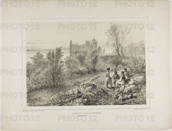 The Château of Count Woronzoff, Aloupka, Crimea, August 12, 1837, 1840, Denis Auguste Marie Raffet (French, 1804-1860), printed by Auguste Bry (French, 19th century), published by Chez Gihaut Frères (French, 19th century), France, Lithograph in black on ivory chine laid down on ivory wove paper, 223 × 320 mm (image), 224 × 319 mm (primary support), 347 × 454 mm (secondary support)