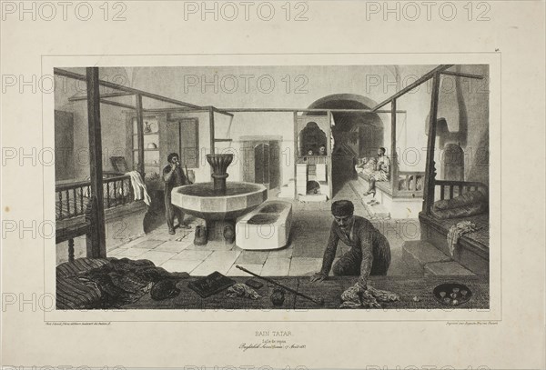 Tartar Bath, Resting Room, 1840, Denis Auguste Marie Raffet (French, 1804-1860), printed by Auguste Bry (French, 19th century), published by Chez Gihaut Frères (French, 19th century), France, Lithograph in black on ivory chine laid down on buff wove paper, 204 × 364 mm (image), 204 × 364 mm (primary support), 308 × 456 mm (secondary support)