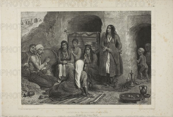 Tsiganes Mountain Dwelling, 1841, Denis Auguste Marie Raffet (French, 1804-1860), printed by Auguste Bry (French, 19th century), published by Chez Gihaut Frères (French, 19th century), France, Lithograph in black on ivory chine laid down on buff wove paper, 250 × 346 mm (image), 249 × 346 mm (primary support), 313 × 457 mm (secondary support)